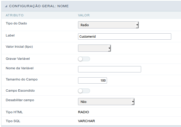 Interface de configuração do campo checkbox.