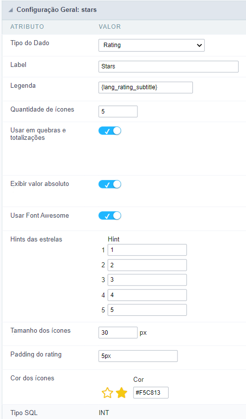 Interface de configuração do campo rating