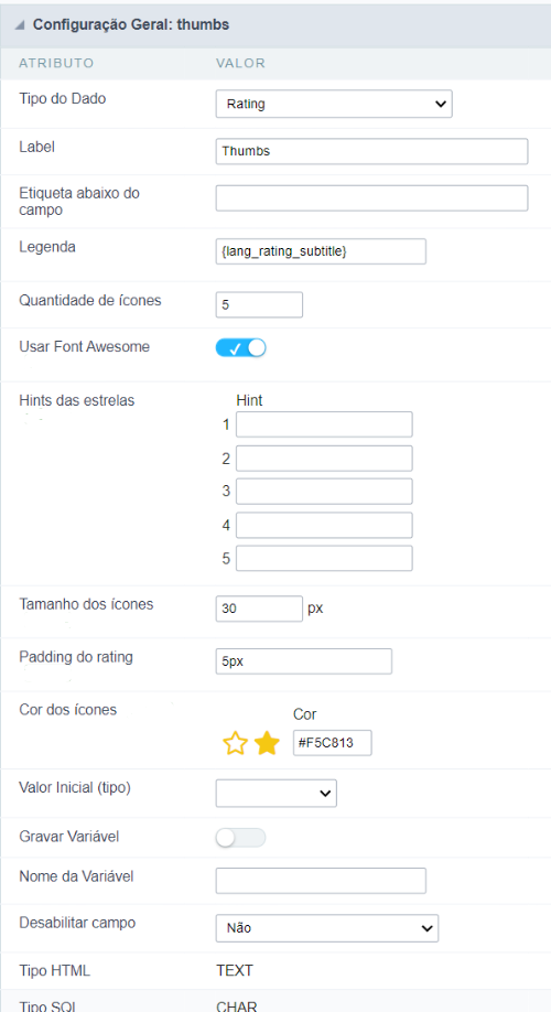 Interface de configuração do campo rating.