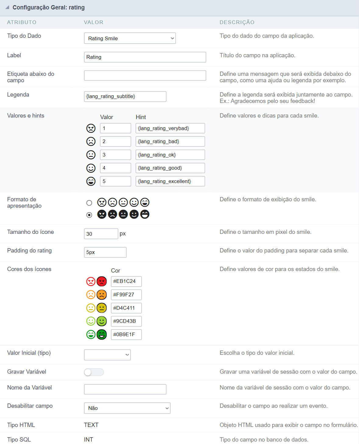 configuração geral ratingsmile form