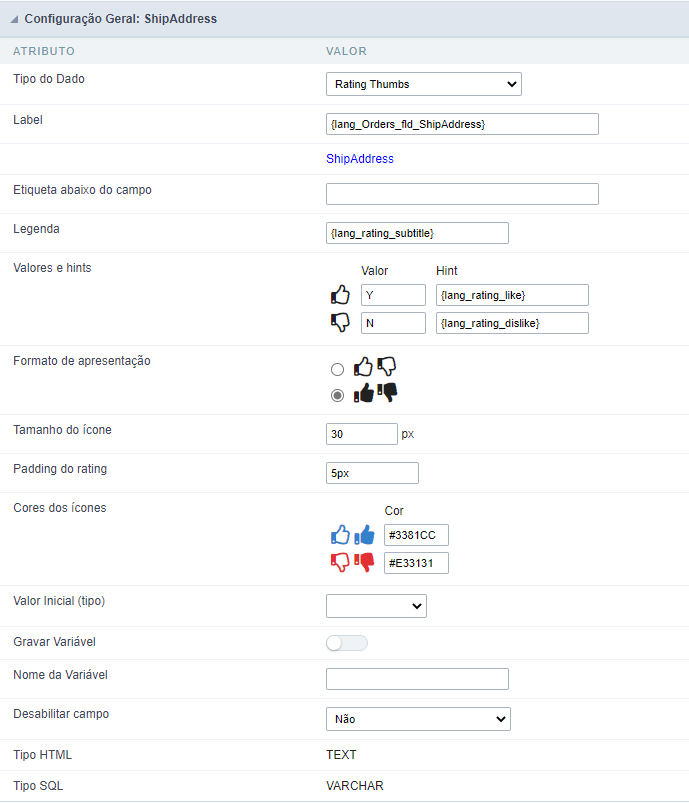 configuração geral ratingthumbs form