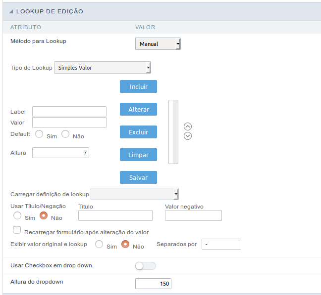 Interface Lookup de Edição Manual.