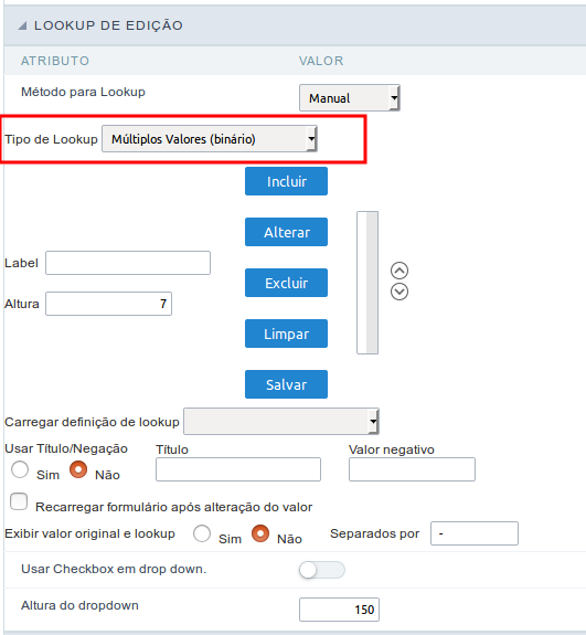 Interface de configuração de Lookup de edição manual