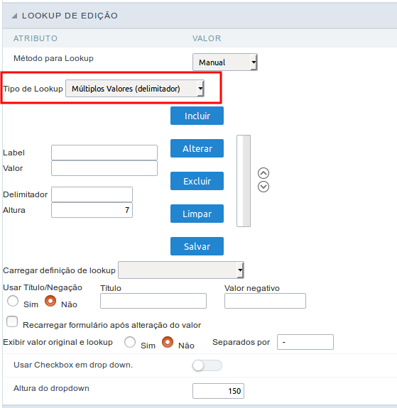 Interface de configuração de Lookup de edição manual