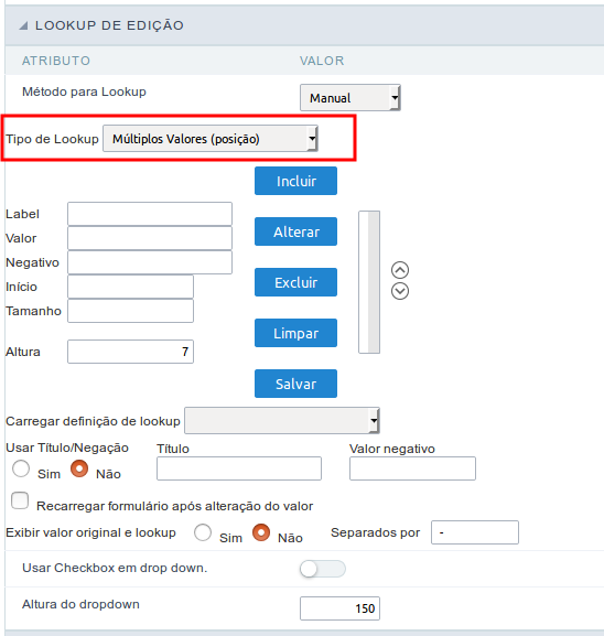 Interface de configuração de Lookup de edição manual