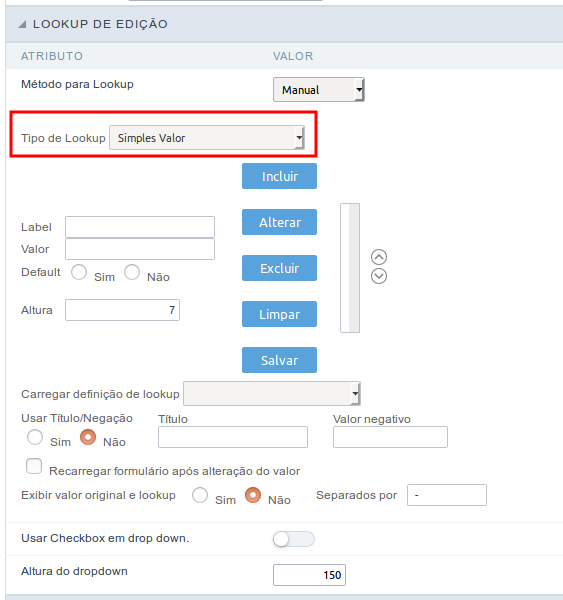 Interface de configuração de Lookup de edição manual