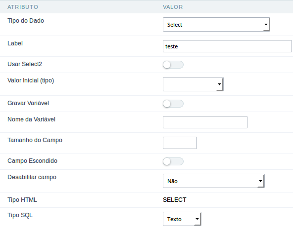 Interface de configuração do campo select.