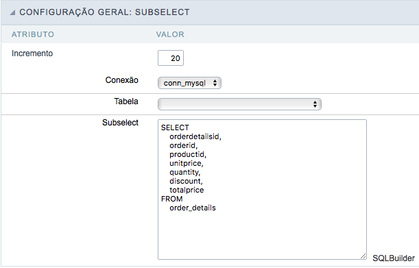 Interface de configuração do campo SubSelect.