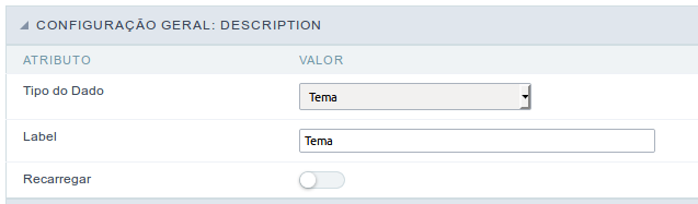 Interface de configuração do campo Tema.