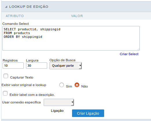 Interface de configuração do Lookup de Consulta.