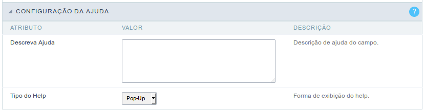 Interface de configuração da ajuda.