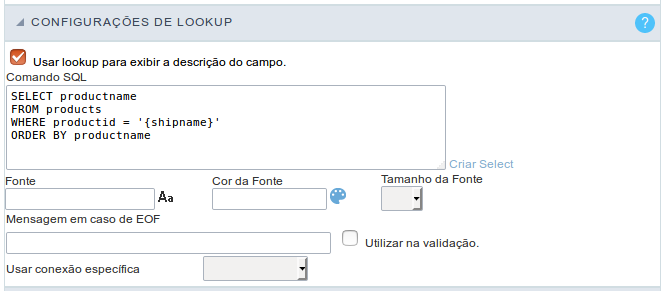 Interface de configuração do Lookup de Edição.