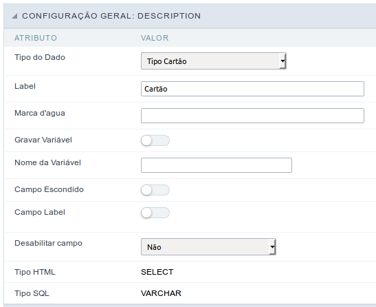 Interface de configuração do campo tipo cartão.