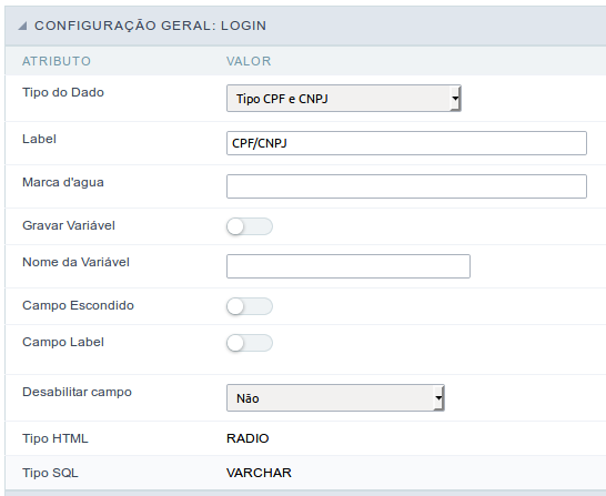 Interface de configuração do campo tipo CPF e CNPJ.