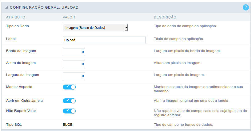 Interface Configuração Geral do Campo.