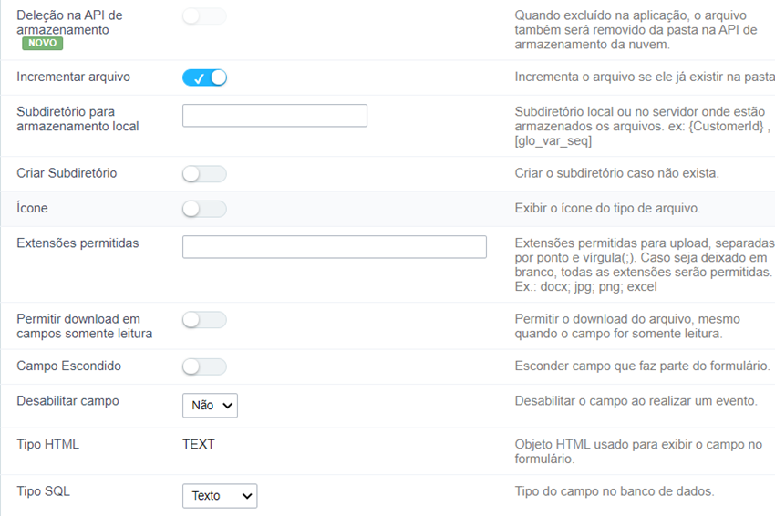 Interface de configuração do campo tipo Documento (Nome do Arquivo).