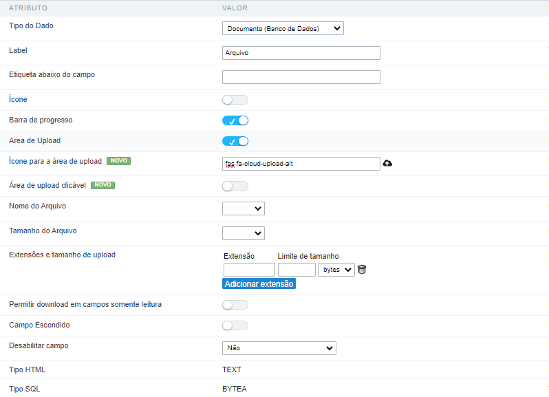 Interface de configuração do campo tipo Documento ( Banco de Dados ).