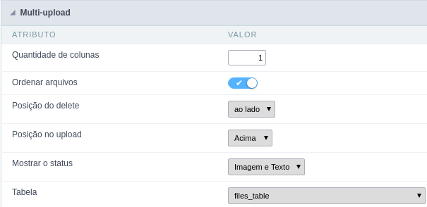 Configurações do Multi Upload.