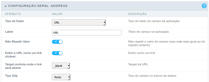 Interface de configuração do campo url.