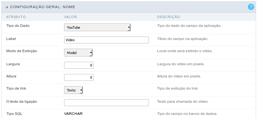 Interface de configuração do campo youtube.