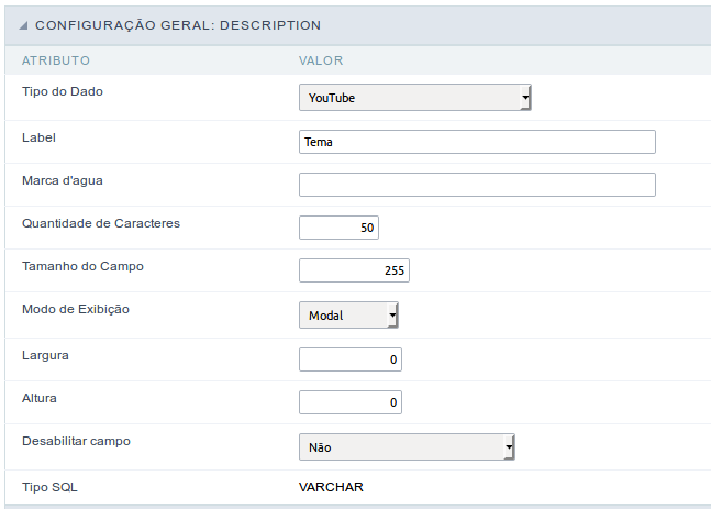 Interface de configuração do campo youtube.