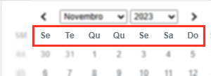 Calendário exibindo o primeiro dia da semana como a segunda feira