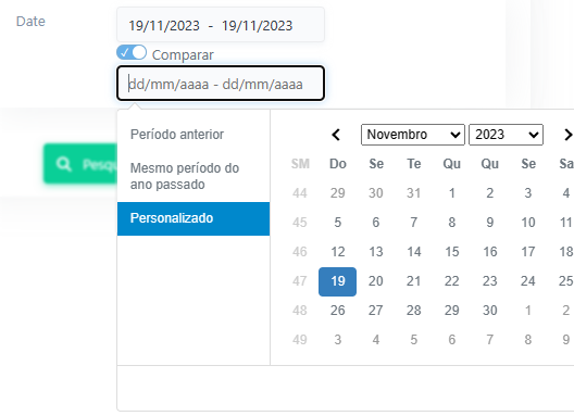 Exemplo do campo comparativo de datas em um filtro do resumo