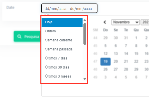 Exemplo das condições especiais exibidas no calendário do campo data