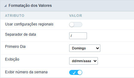 Tela de formatação dos valores do campo