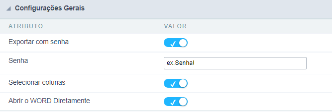 Configuração de exportação Word da consulta