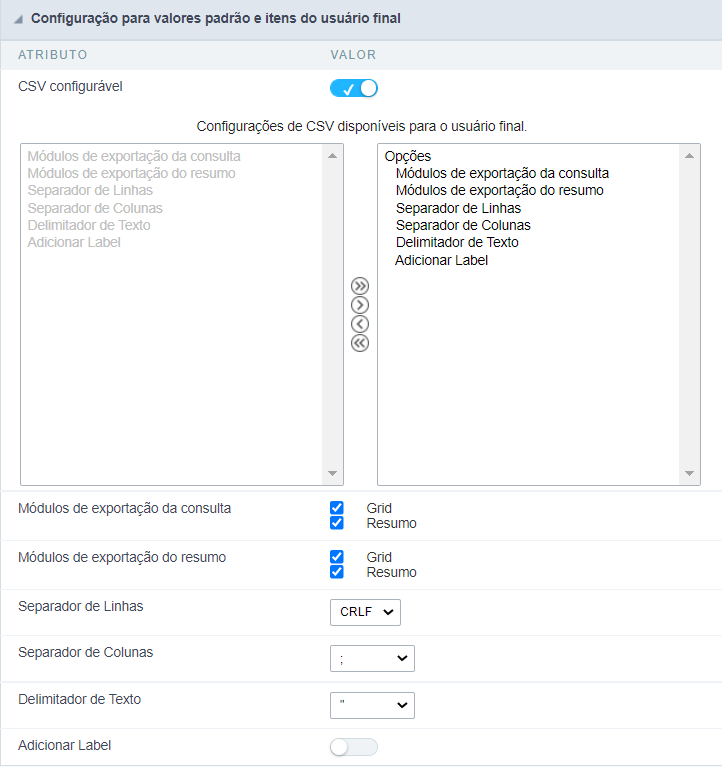 Configuração dos valores padrão da exportação csv