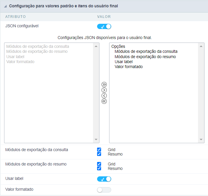 Configuração dos valores padrão da exportação JSON