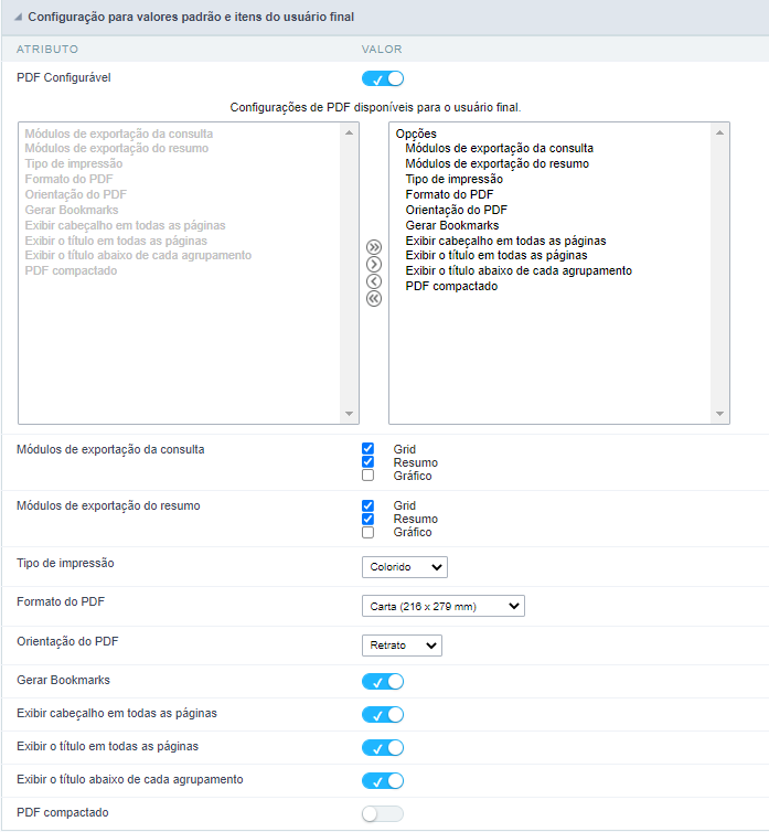 Exemplo na tela de configuração do PDF para o usuário final da aplicação