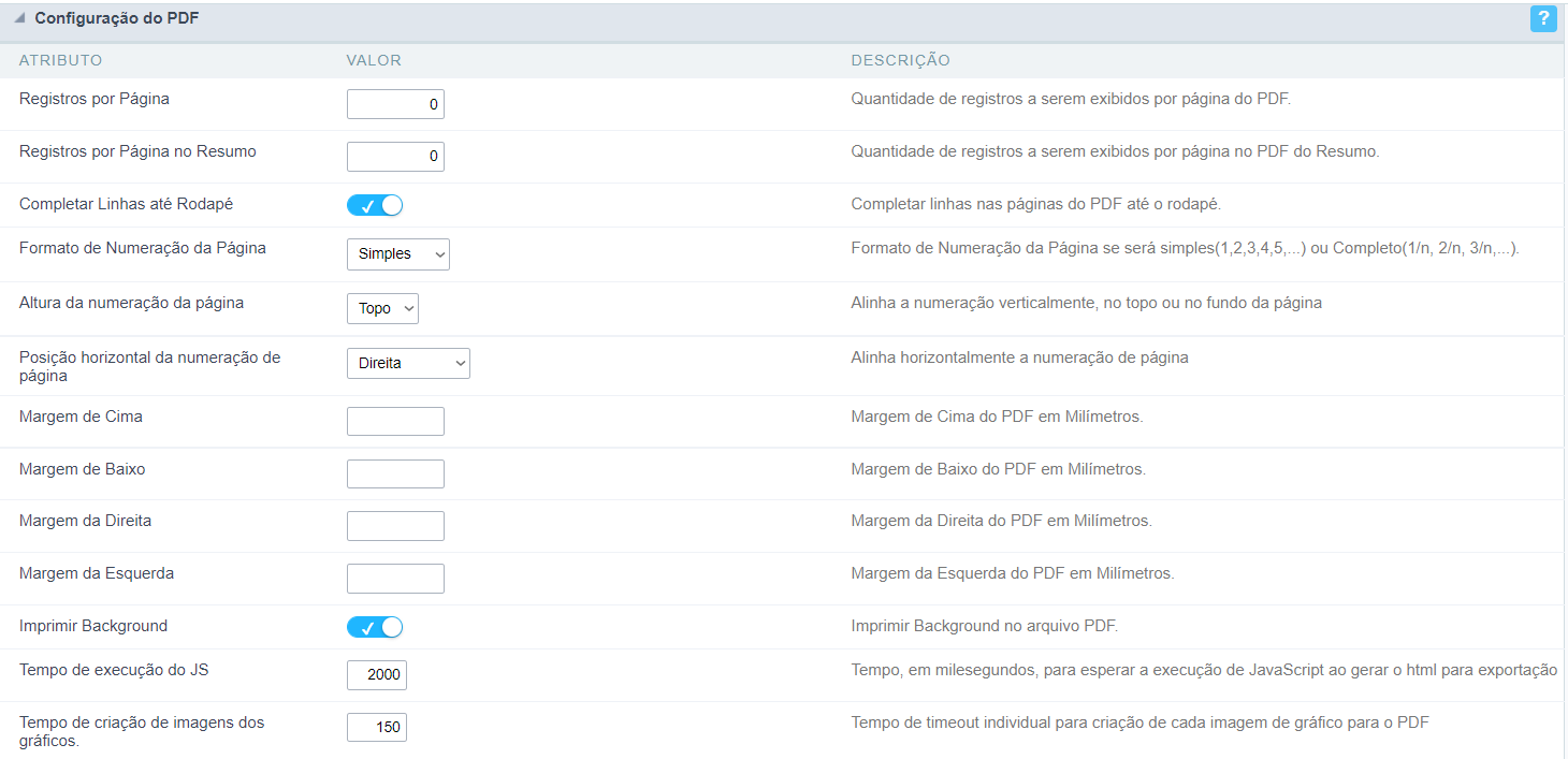Exemplo na tela de configuração do PDF para o usuário final da aplicação