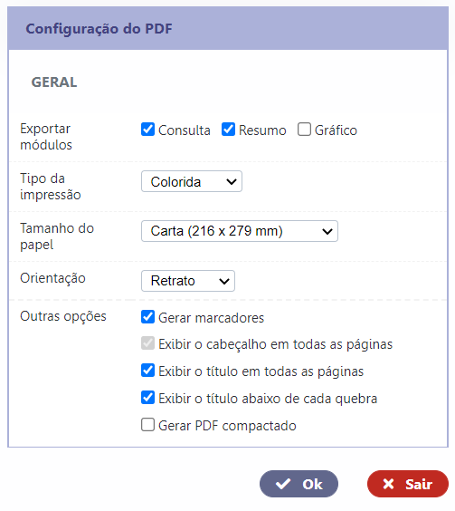 Exemplo na tela de configuração do PDF para o usuário final da aplicação