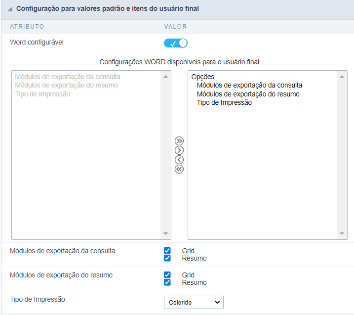 Configuração dos valores padrão da exportação Word