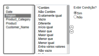 Lista das condições do filtro