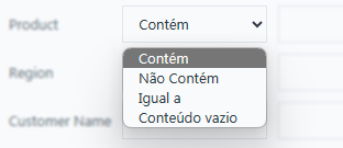 Exemplo das condições no campo do filtro