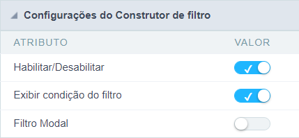 Tela de configurações do contrutor de filtros
