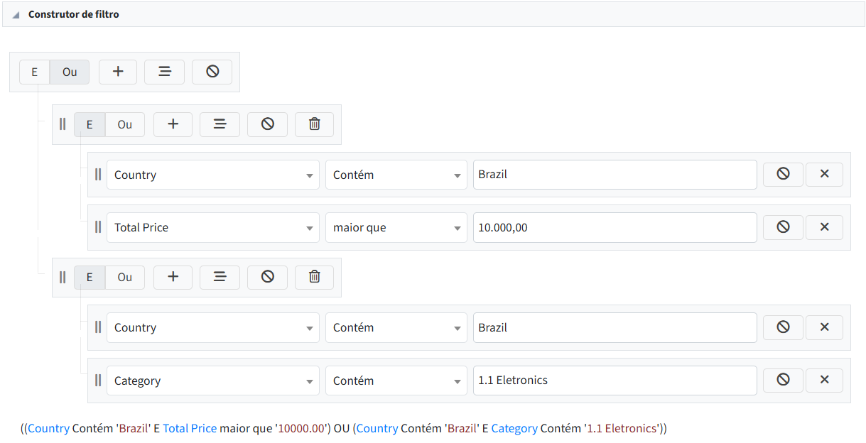 exemplo da interface do contrutor de filtro na aplicação