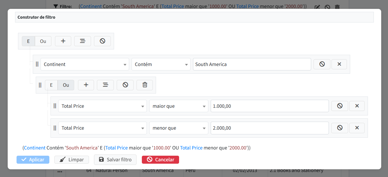 Exemplo do contrutor de filtro abrindo em modal
