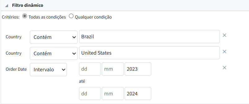 exemplo da interface do filtro dinamico na aplicação