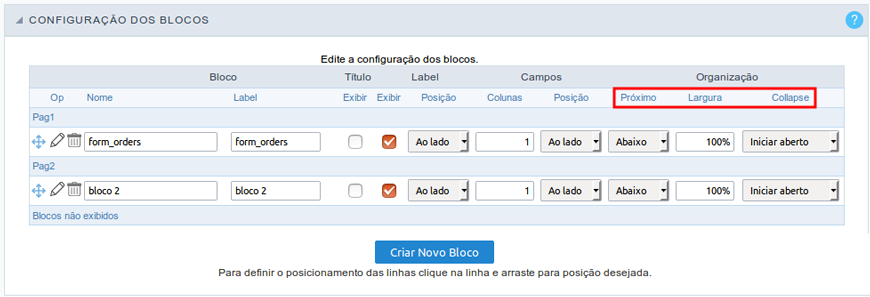 Configuração dos blocos da aplicação