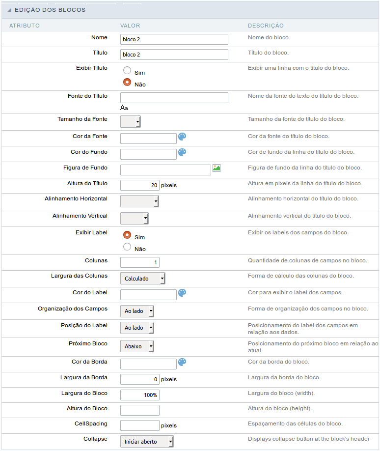 Interface de edição dos blocos da aplicação