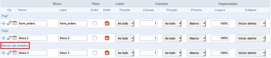 Configuração de exibição dos blocos da aplicação