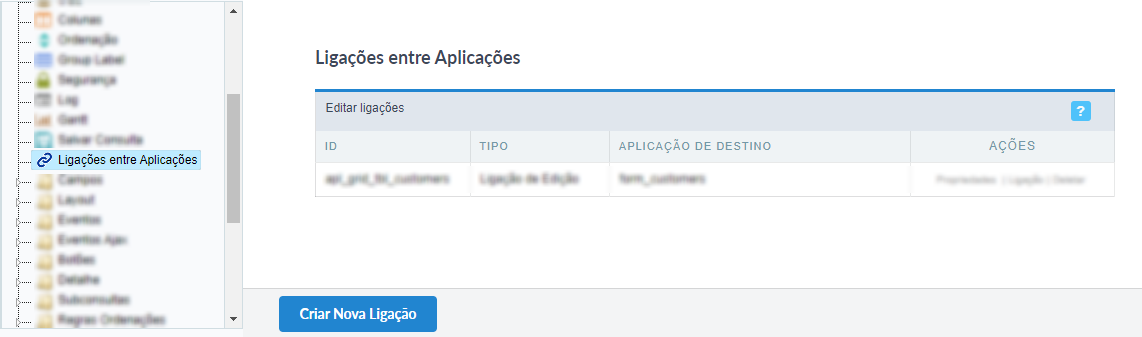 Menu Ligações entre aplicações, para o gerenciamento das ligações da app