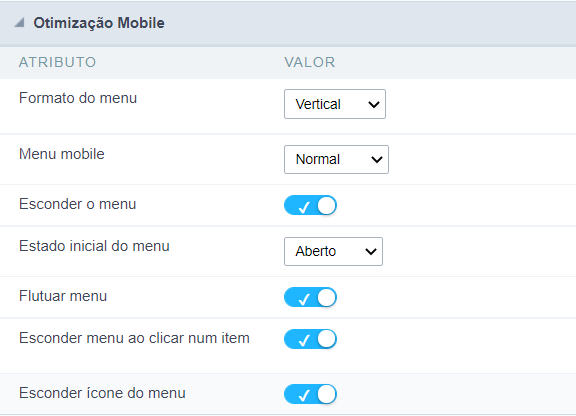 Interface Configuração do menu mobile.