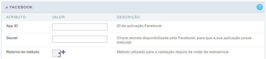 Interface autenticação de campos Facebook.