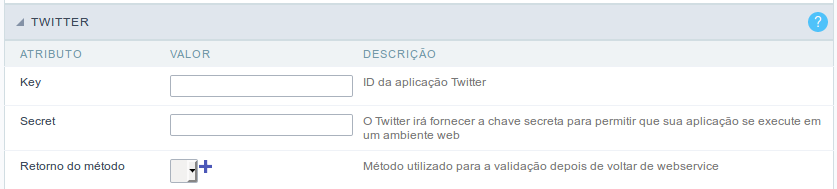 Interface autenticação de campos Twitter.