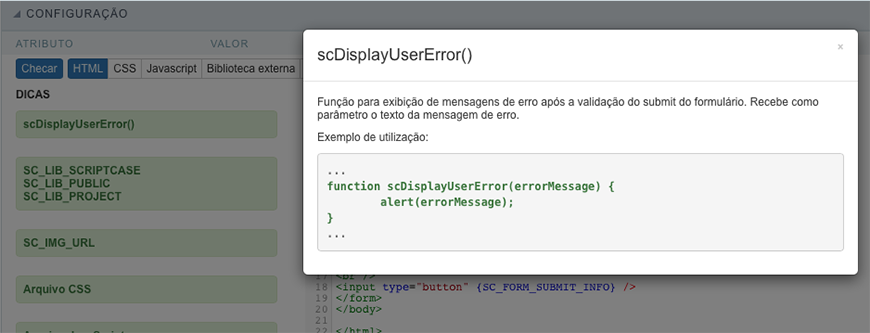 Modal variáveis do HTML do usuário